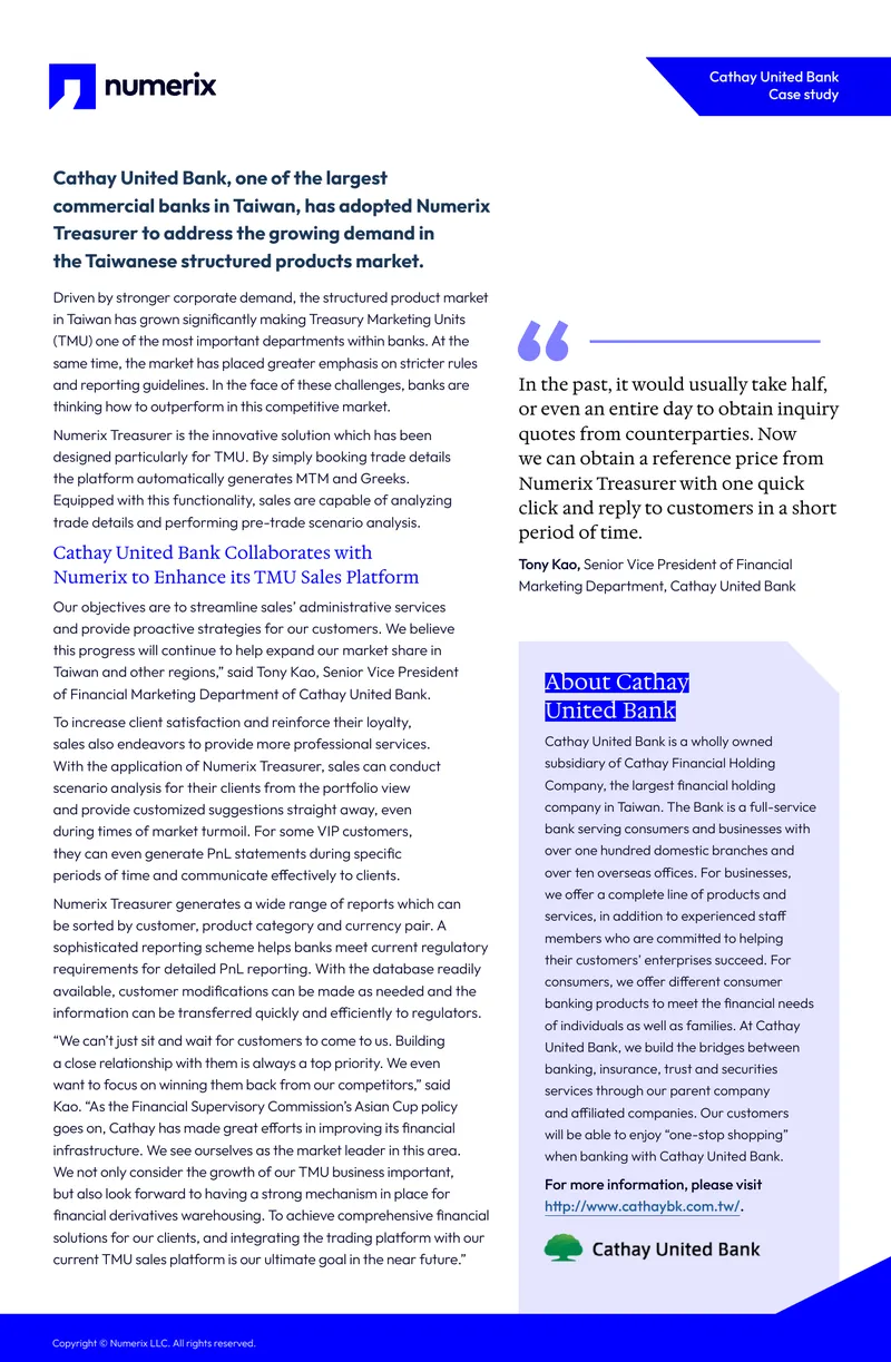 Cathay United Bank Case Study on Numerix Treasurer