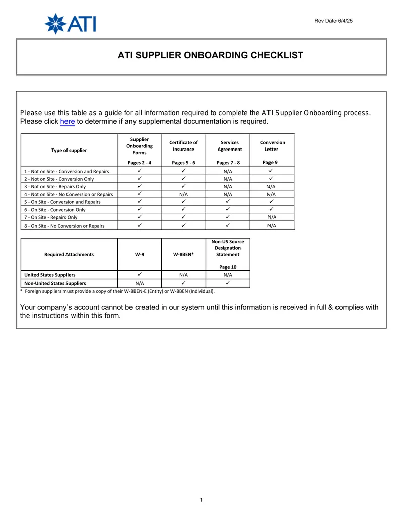 ATI Supplier Onboarding Checklist