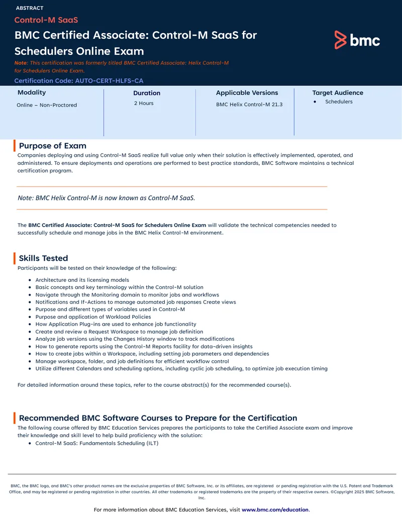 BMC Certified Associate Control-M SaaS Exam Guide
