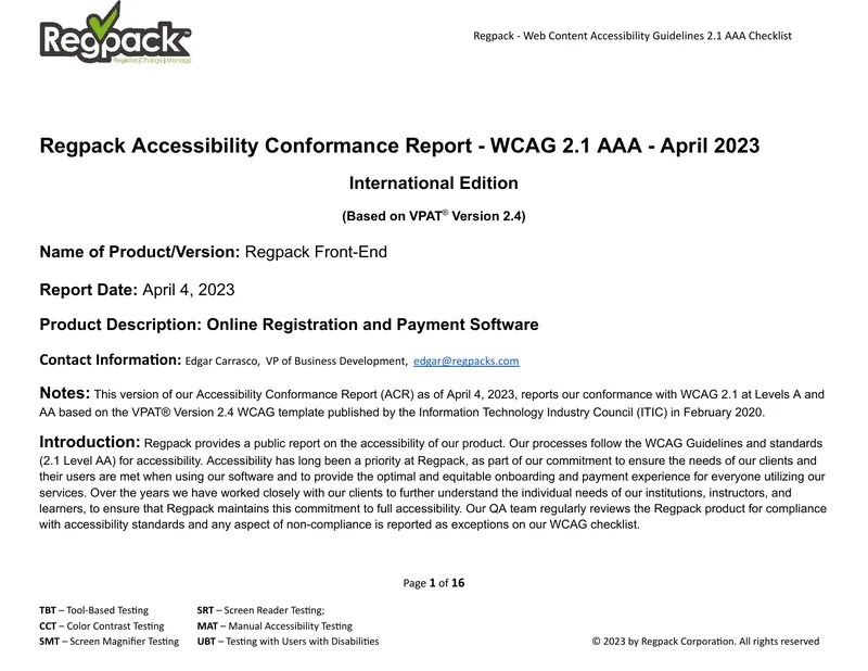 Regpack Web Content Accessibility Guidelines 2.1 AAA Checklist