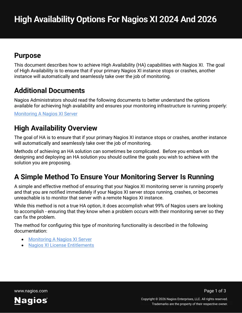 High Availability Options for Nagios XI 2024 and 2026