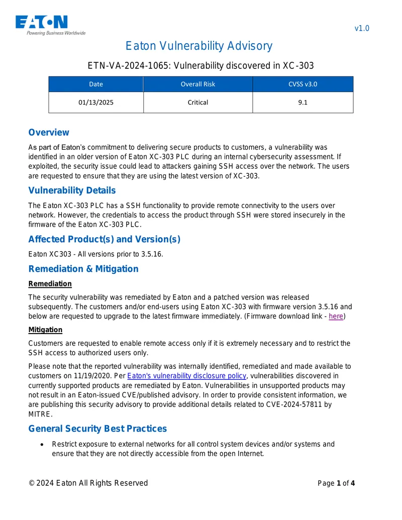 Eaton Vulnerability Advisory for XC-303 PLC