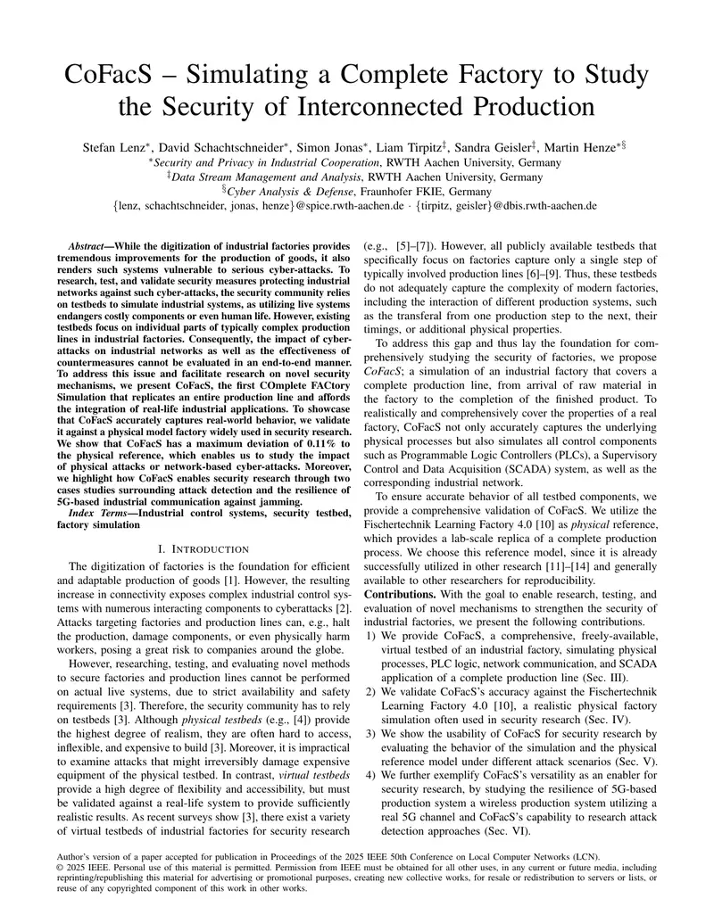 CoFacS Complete Factory Simulation for Security Research