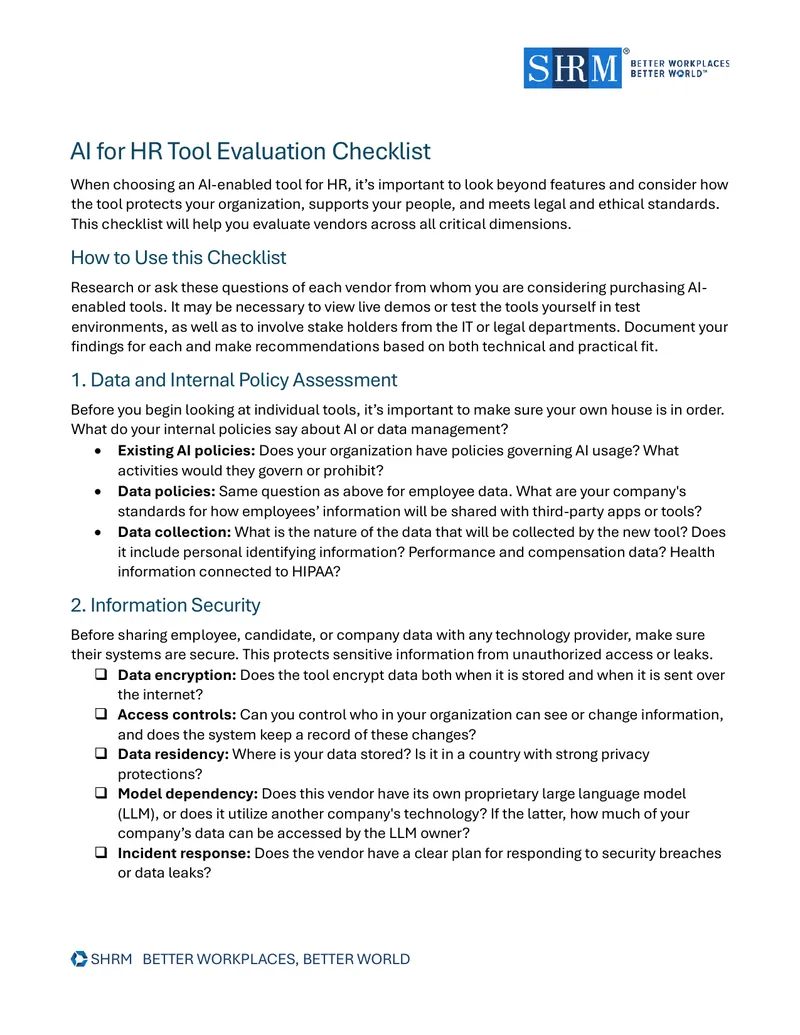 AI for HR Tool Evaluation Checklist