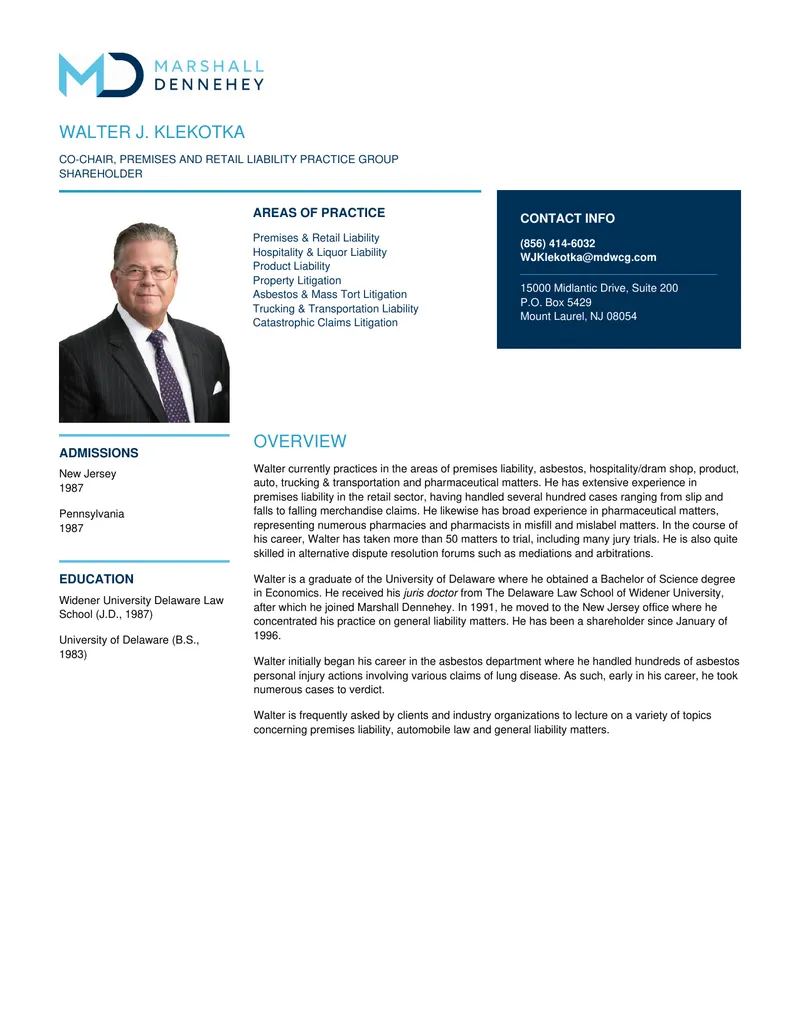 Walter Klekotka Professional Profile and Practice Areas