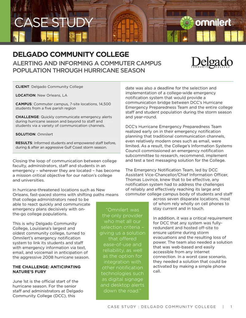 Emergency Notification System Implementation at Delgado Community College