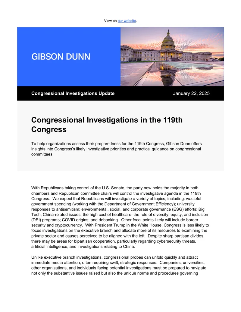 Congressional Investigations Update for the 119th Congress