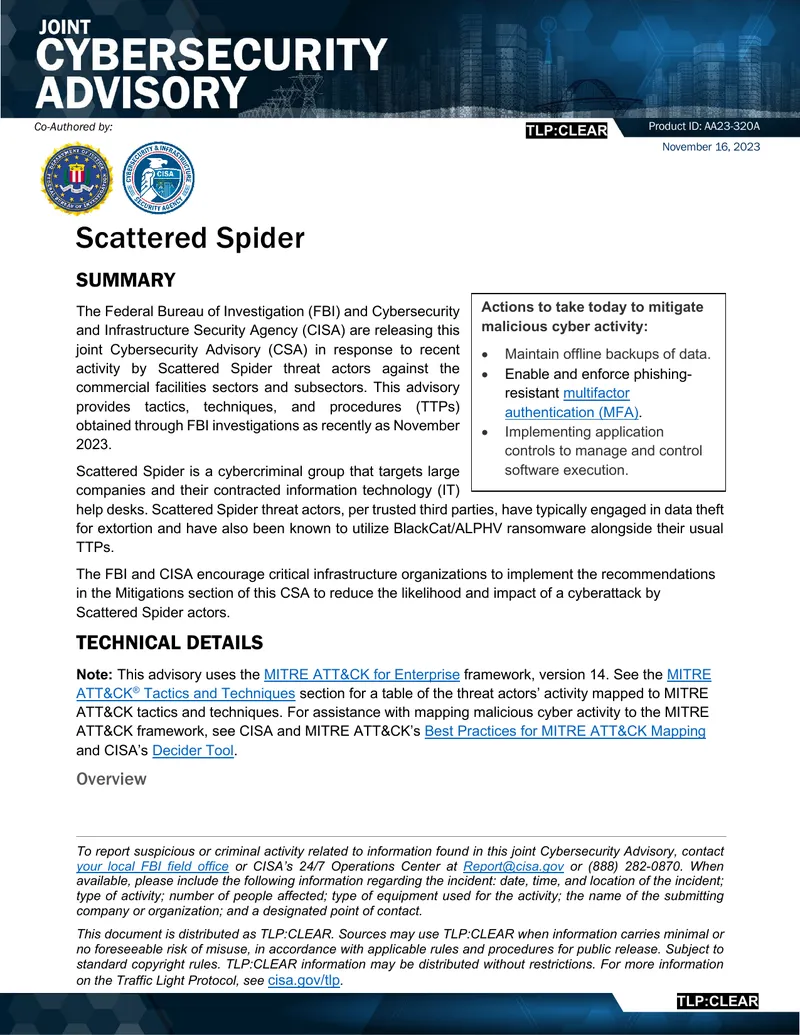 Cybersecurity Advisory on Scattered Spider Threat Actors