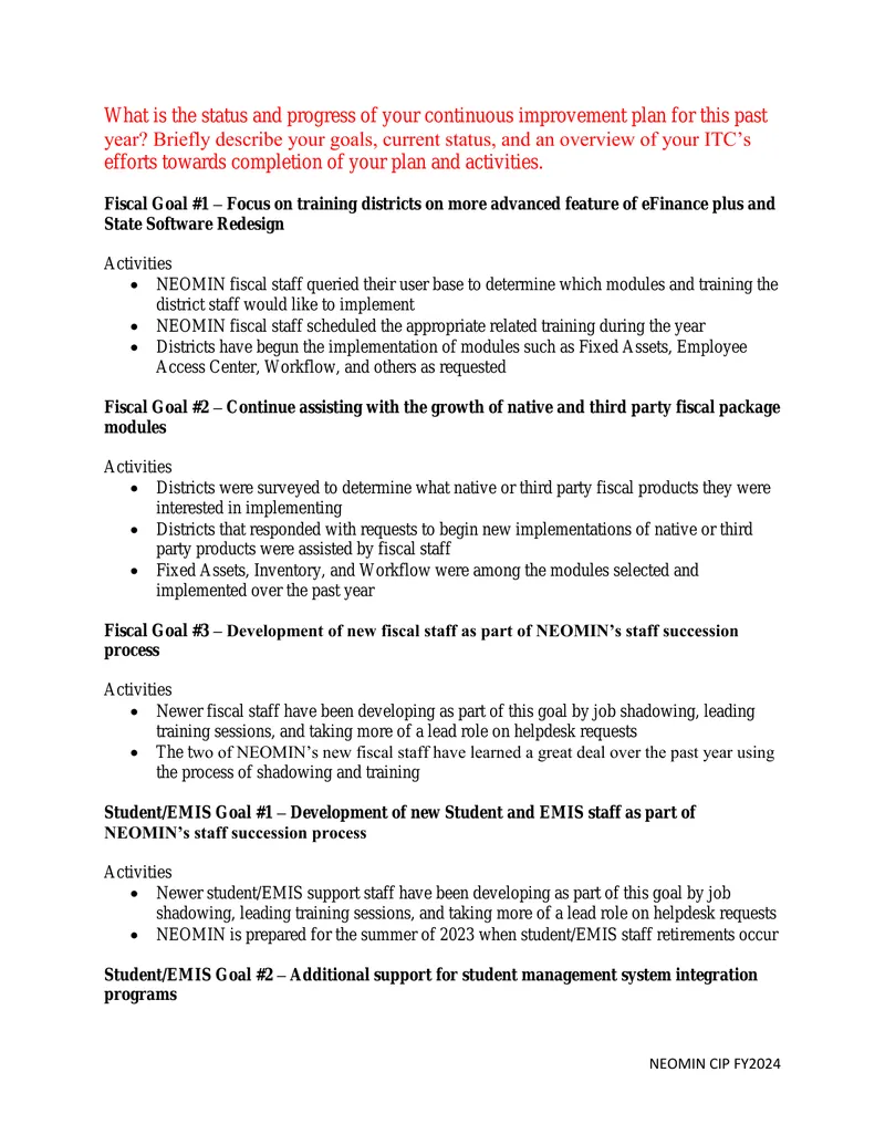 NEOMIN Continuous Improvement Plan for FY2024