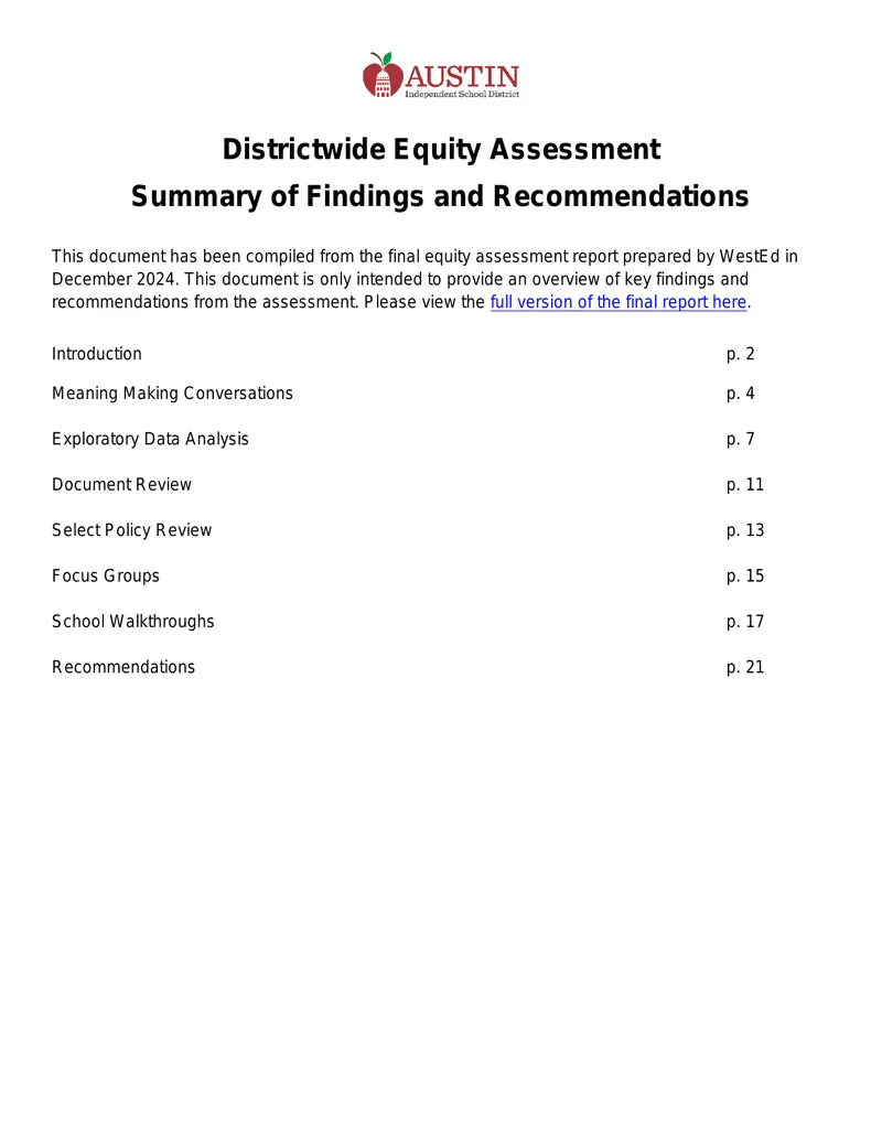 Districtwide Equity Assessment Summary of Findings
