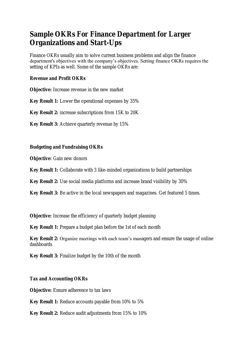 Sample OKRs for Finance Department in Organizations