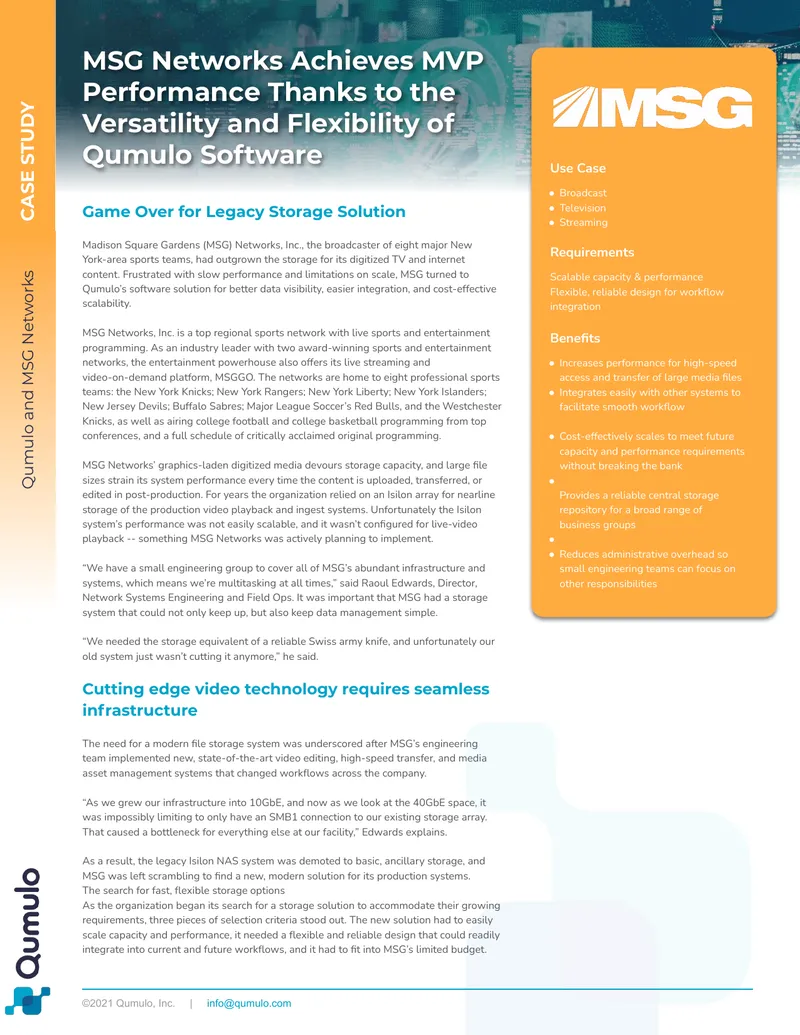 Case Study on MSG Networks' Storage Solution preview page 1