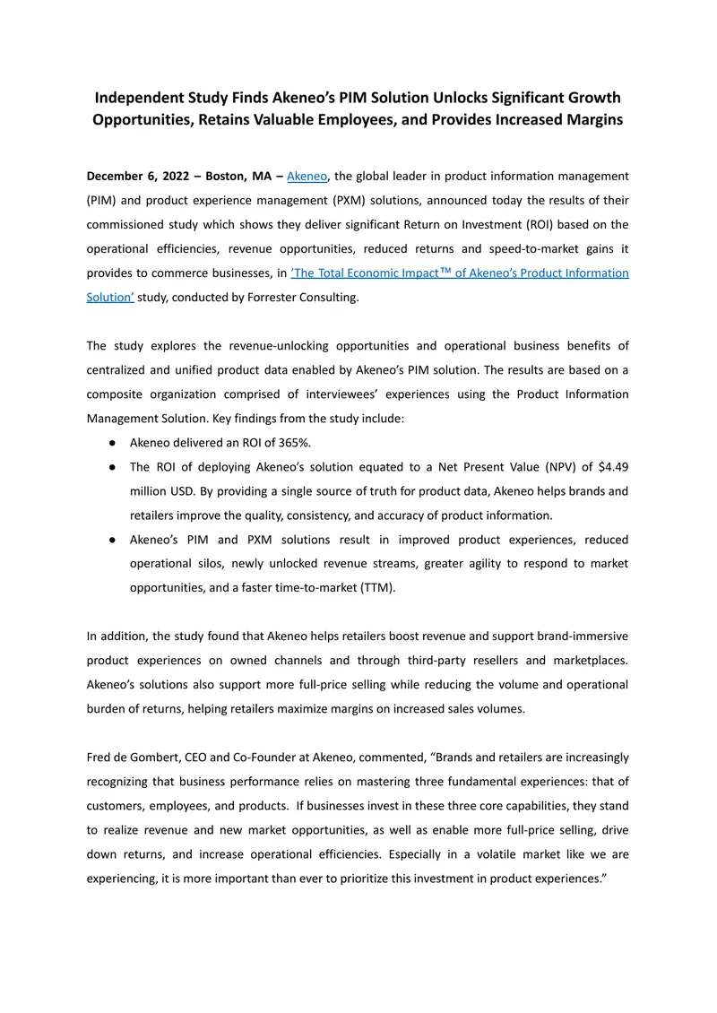 Economic Impact of Akeneo's Product Information Management Solution