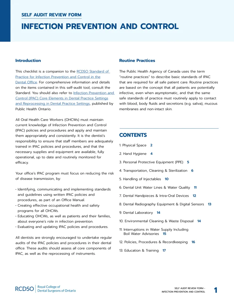 Self Audit Review Form for Infection Prevention and Control