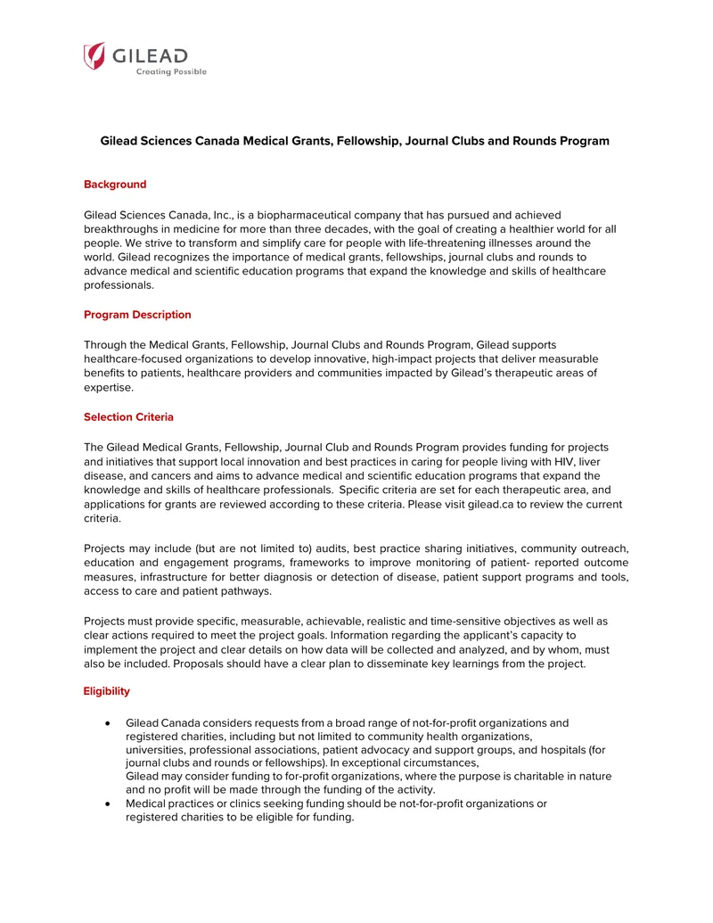 Gilead Sciences Canada Medical Grants Program Overview