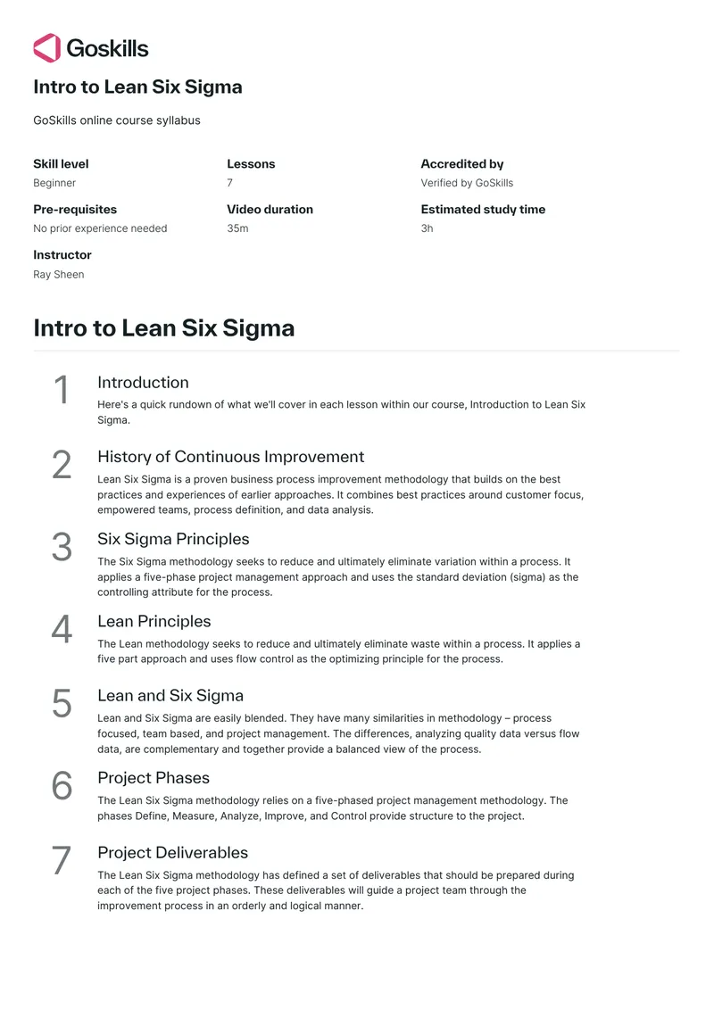 Intro to Lean Six Sigma Course Syllabus