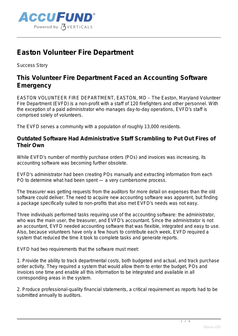 Easton Volunteer Fire Department Accounting Software Case Study