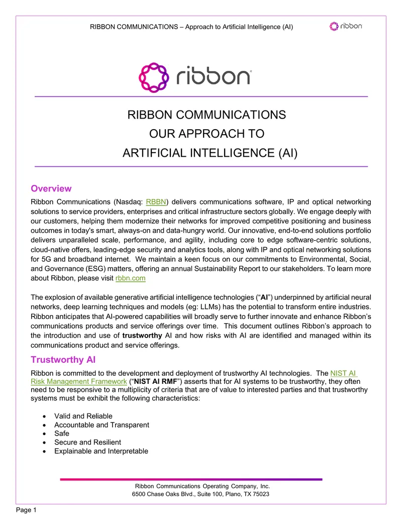 Ribbon Communications Approach to Artificial Intelligence