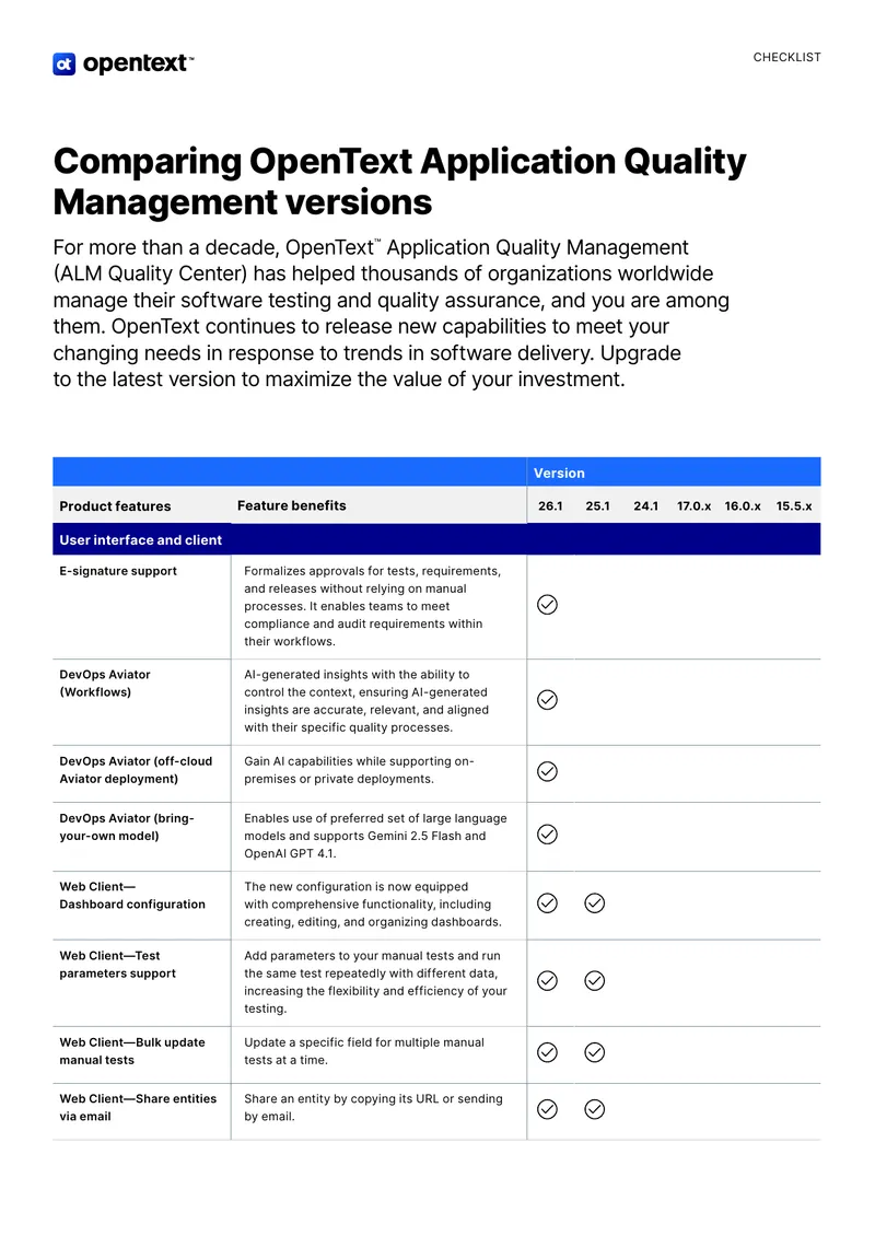 Comparing OpenText Application Quality Management Versions