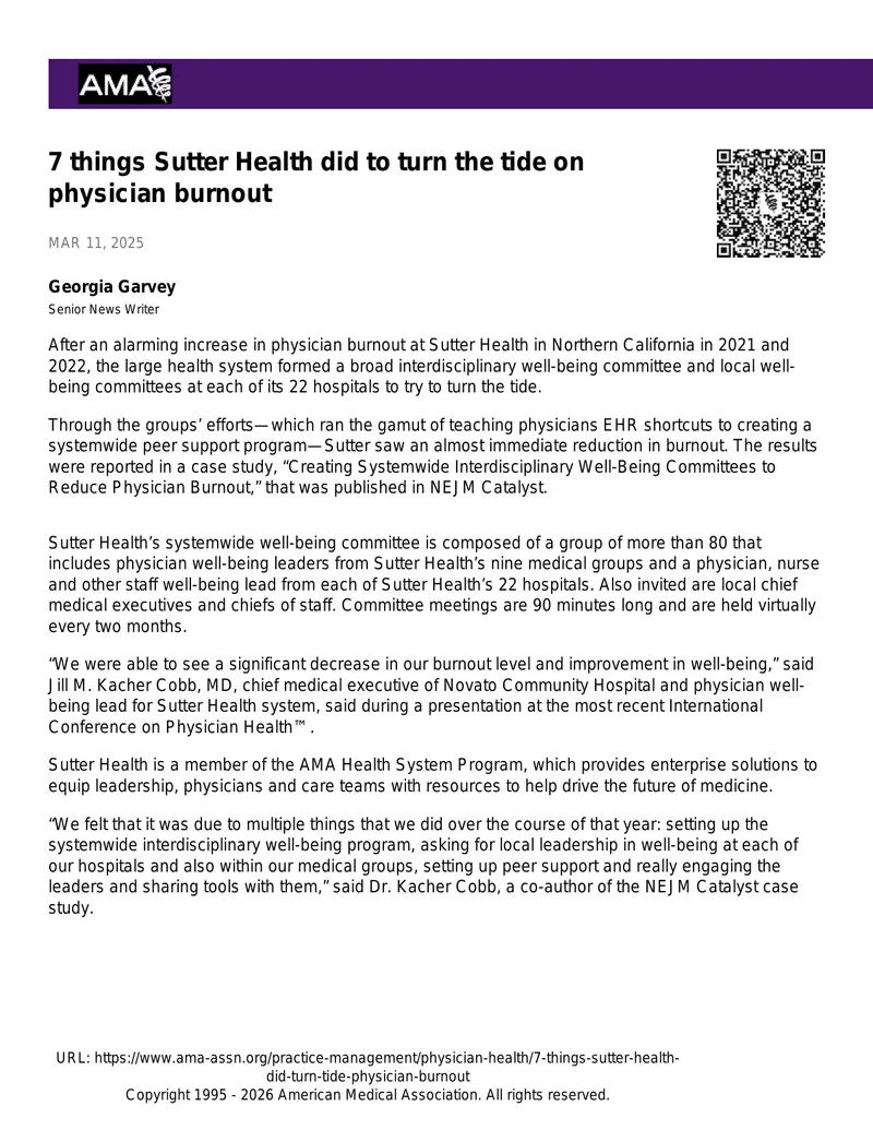 Strategies Implemented by Sutter Health to Reduce Physician Burnout