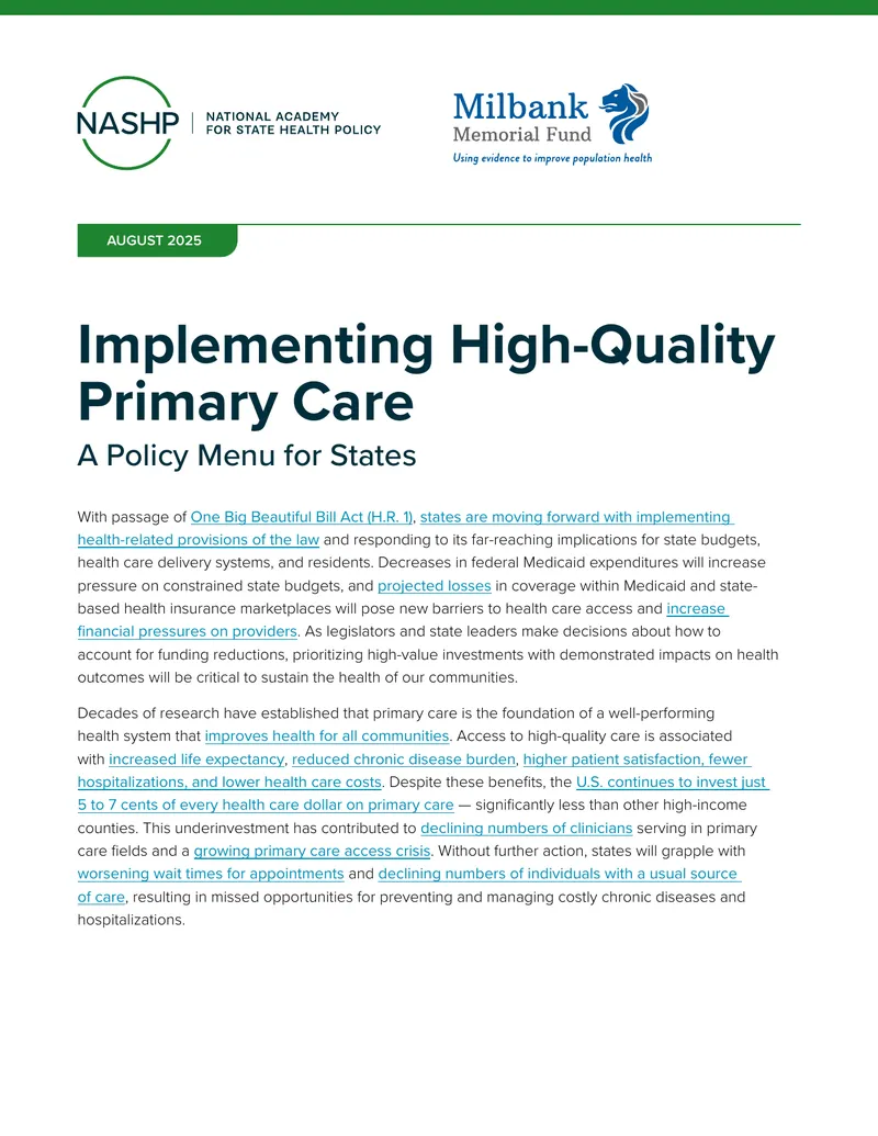 Implementing High-Quality Primary Care Policy Menu