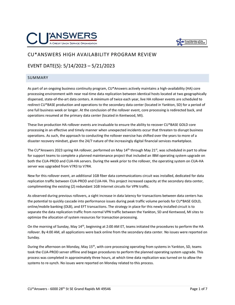 CU*Answers High Availability Program Review