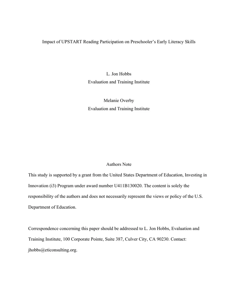Impact of UPSTART Reading on Preschool Literacy Skills