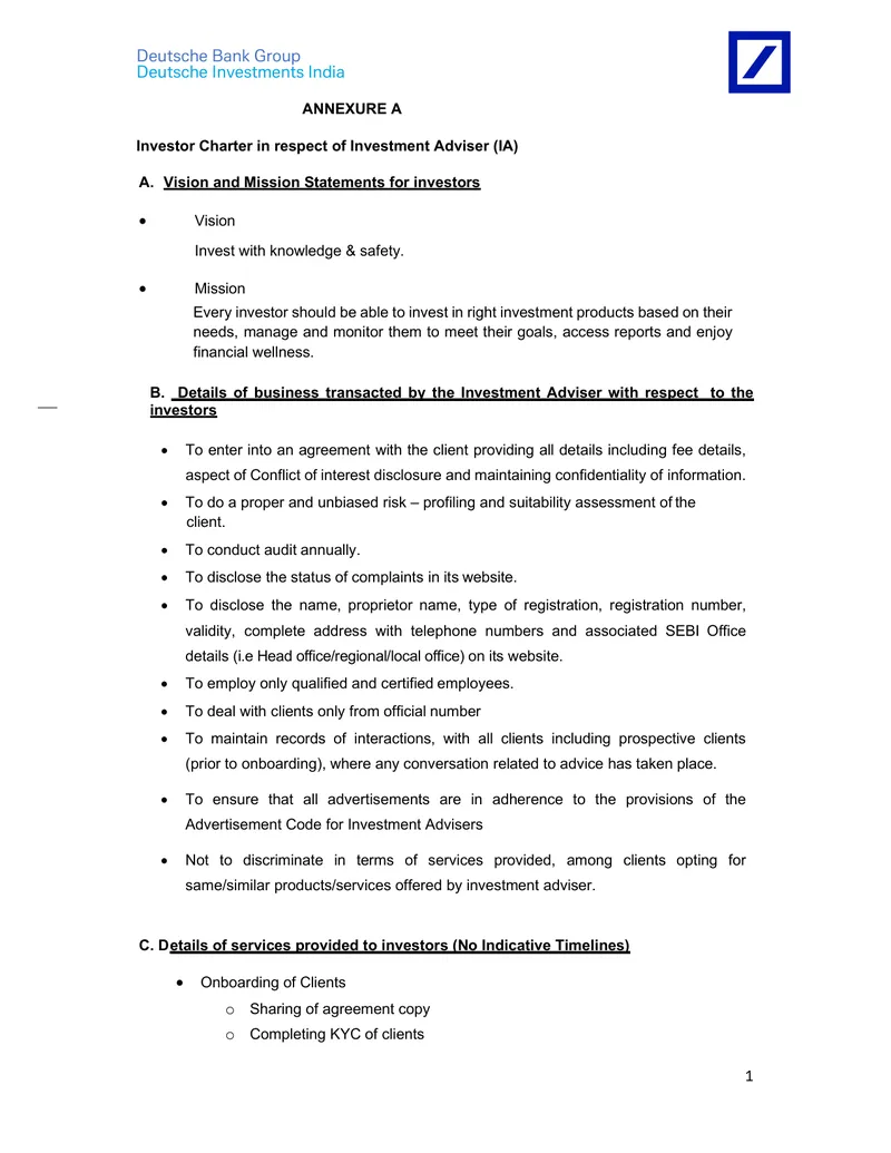 Investor Charter for Investment Advisers