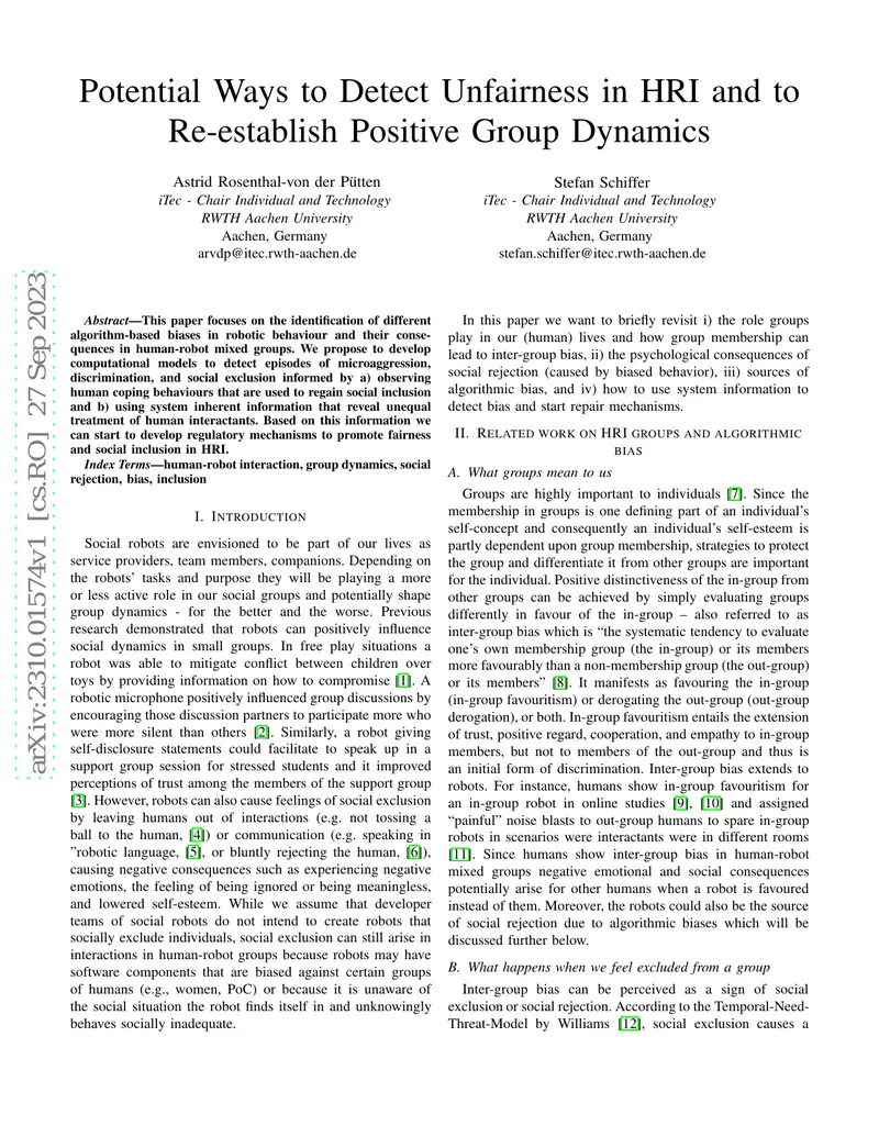 Detecting Unfairness in Human-Robot Interaction