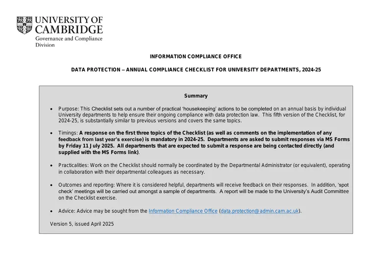 Data Protection Annual Compliance Checklist for University Departments 2024-25