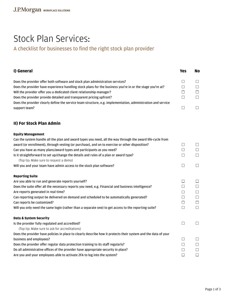 Stock Plan Services Provider Evaluation Checklist
