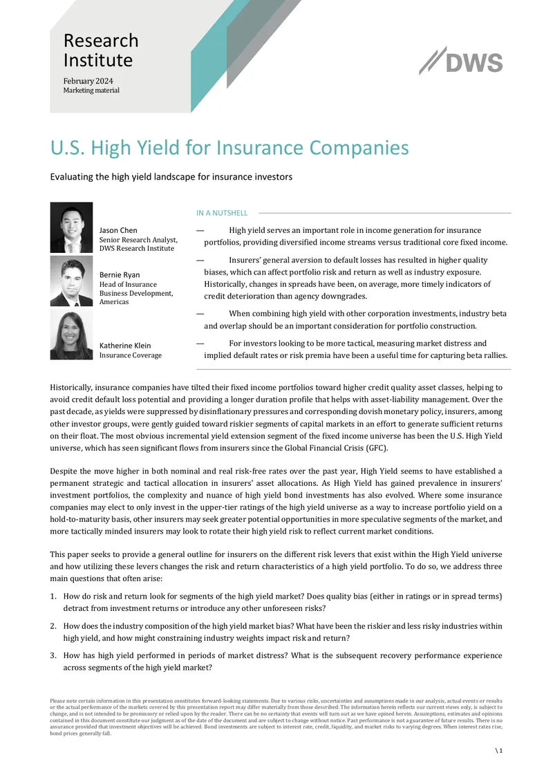 U.S. High Yield Investment Analysis for Insurers