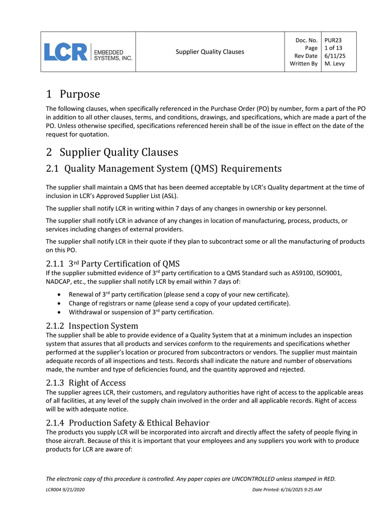Supplier Quality Clauses for Purchase Orders