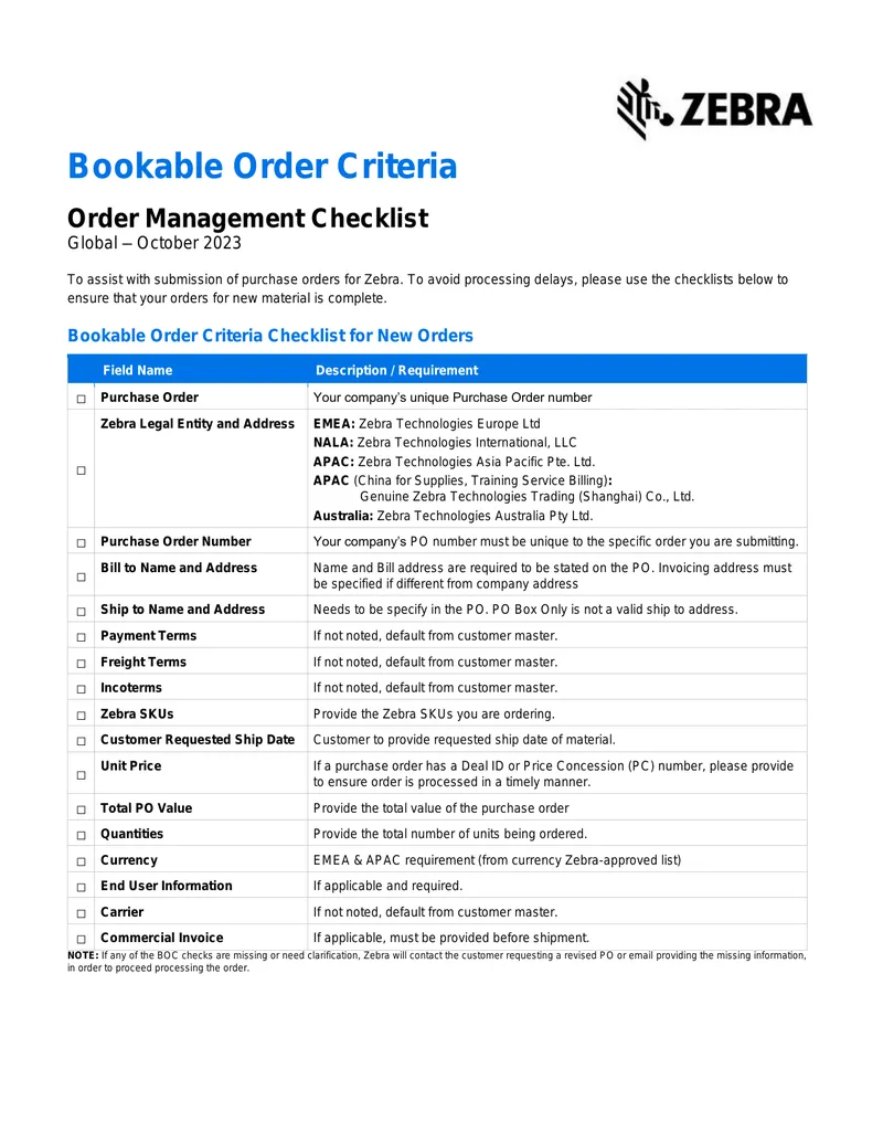 Bookable Order Criteria Order Management Checklist