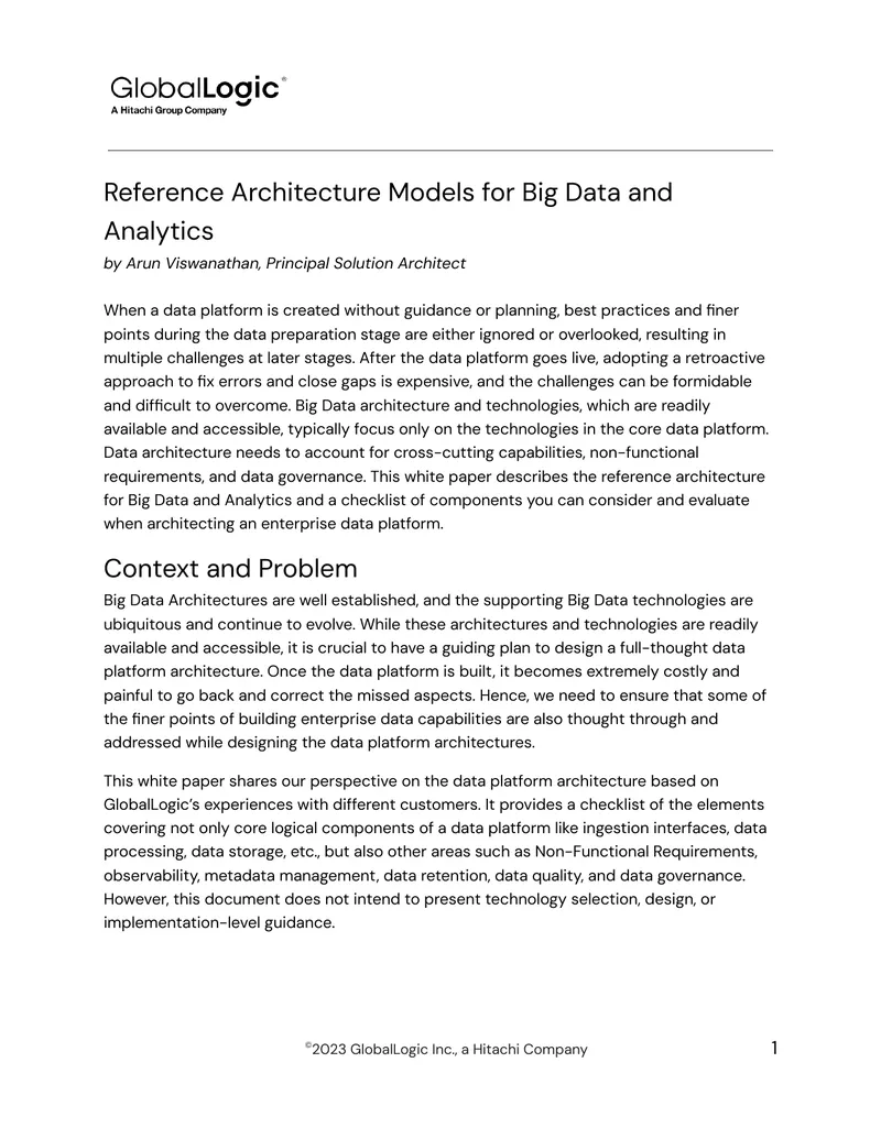Reference Architecture Models for Big Data and Analytics