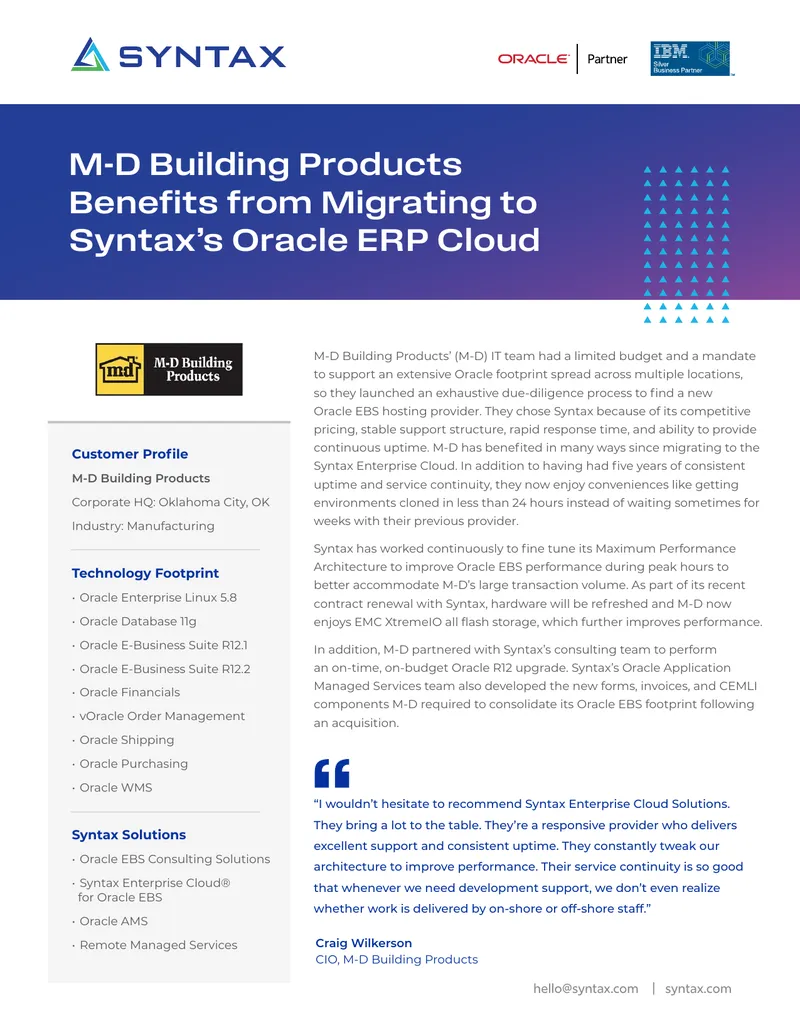 M-D Building Products Migration to Syntax Oracle ERP Cloud