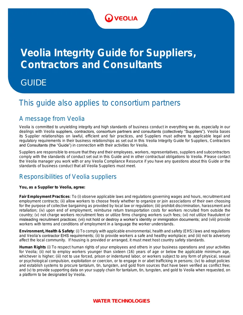 Veolia Integrity Guide for Suppliers and Contractors