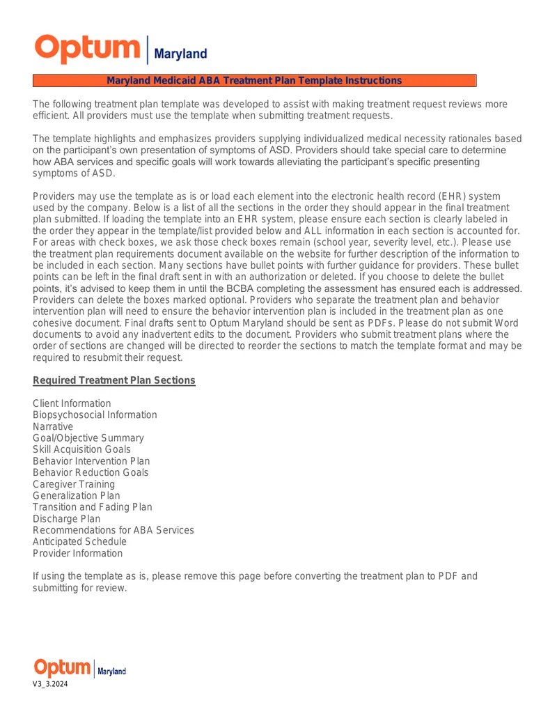 Maryland Medicaid ABA Treatment Plan Template Instructions