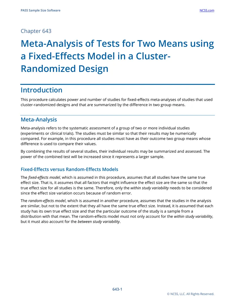 Meta-Analysis of Tests for Two Means Using Fixed-Effects Model