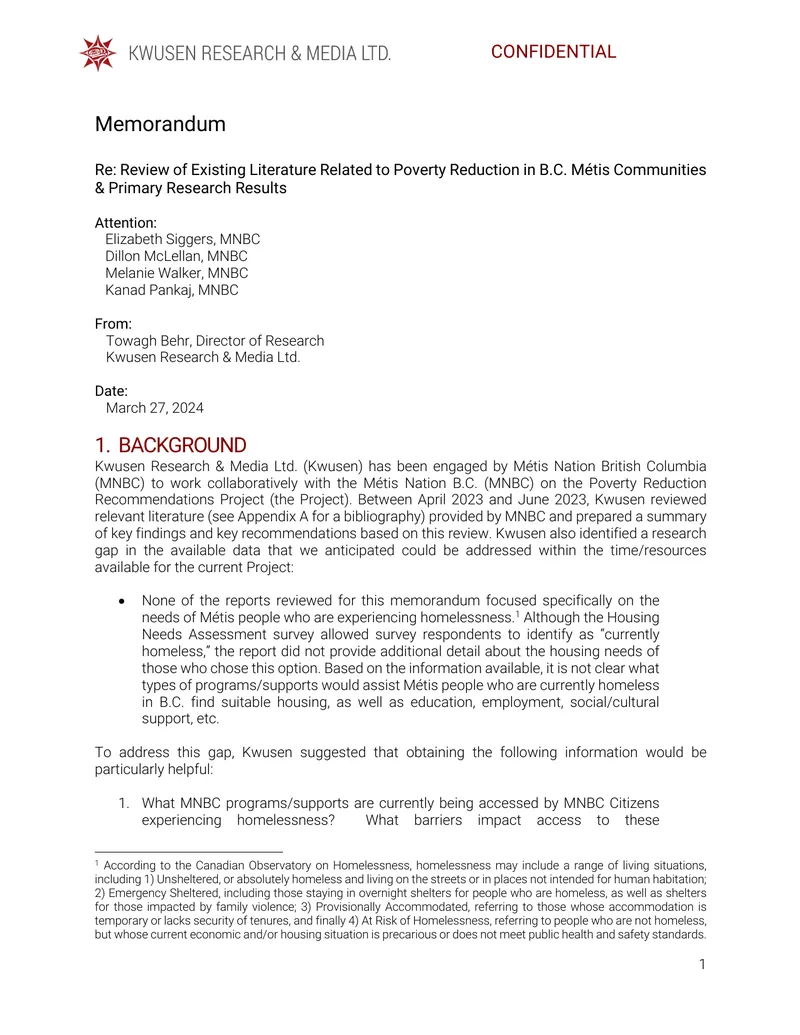 Review of Literature on Poverty Reduction in B.C. Métis Communities