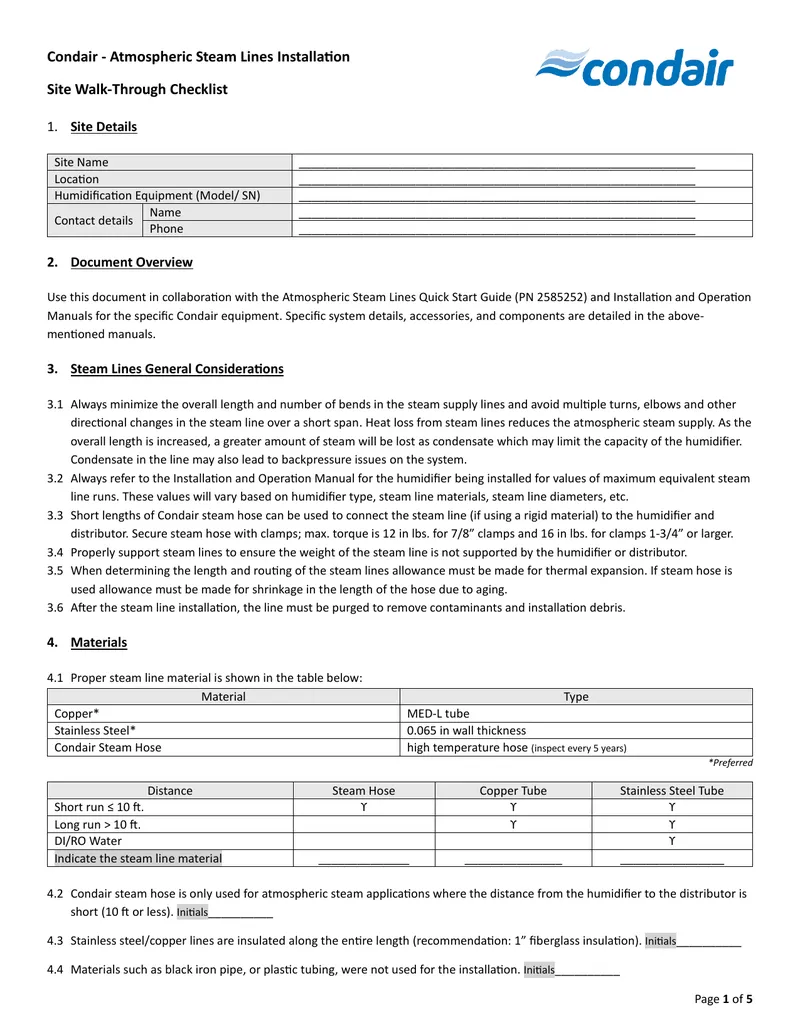 Atmospheric Steam Lines Installation Site Walk-Through Checklist