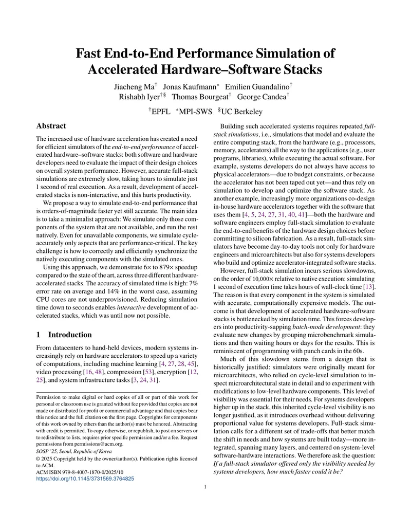 Fast End-to-End Performance Simulation of Hardware-Software Stacks