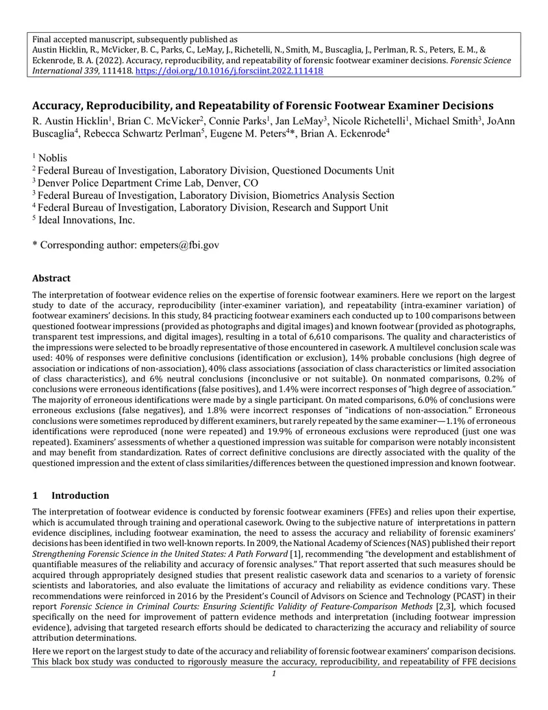Accuracy and Reliability of Forensic Footwear Examiner Decisions