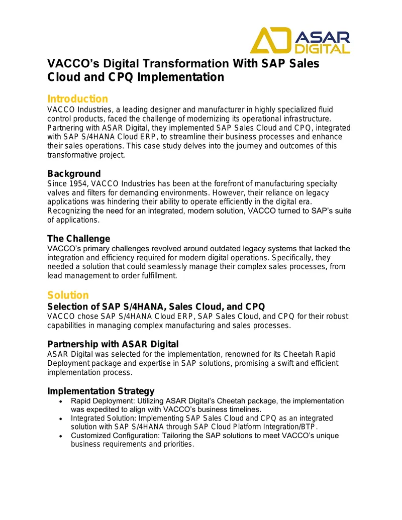 VACCO Industries SAP Sales Cloud and CPQ Case Study preview page 1