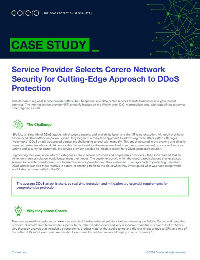 Service Provider Implements Corero DDoS Protection Solution