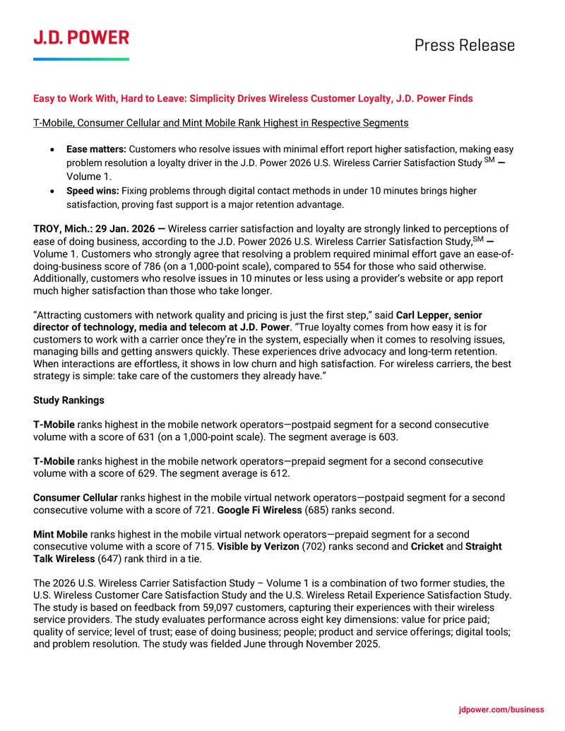 2026 U.S. Wireless Carrier Satisfaction Study Findings