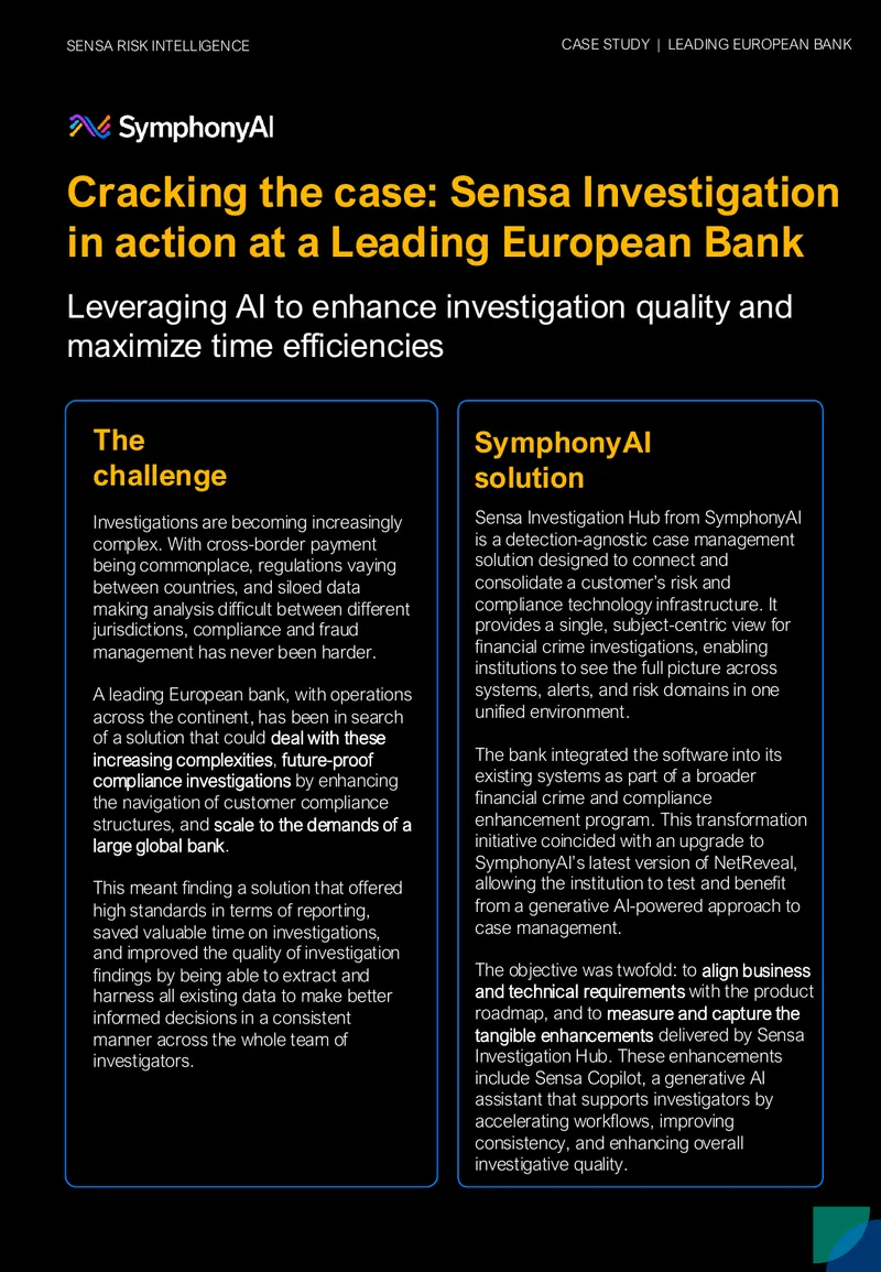 Sensa Investigation Hub Implementation at European Bank