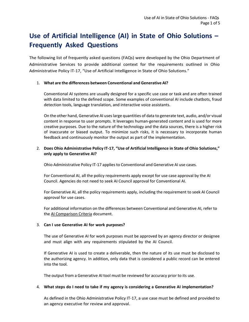 Use of Artificial Intelligence in State of Ohio Solutions FAQs