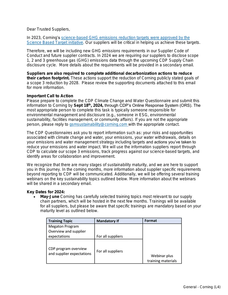 Corning Supplier GHG Emissions Requirements