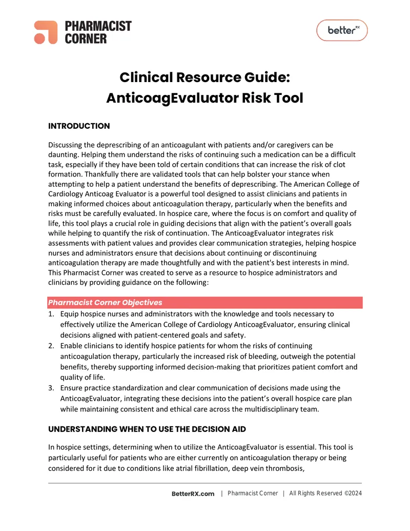 Clinical Resource Guide for AnticoagEvaluator Tool